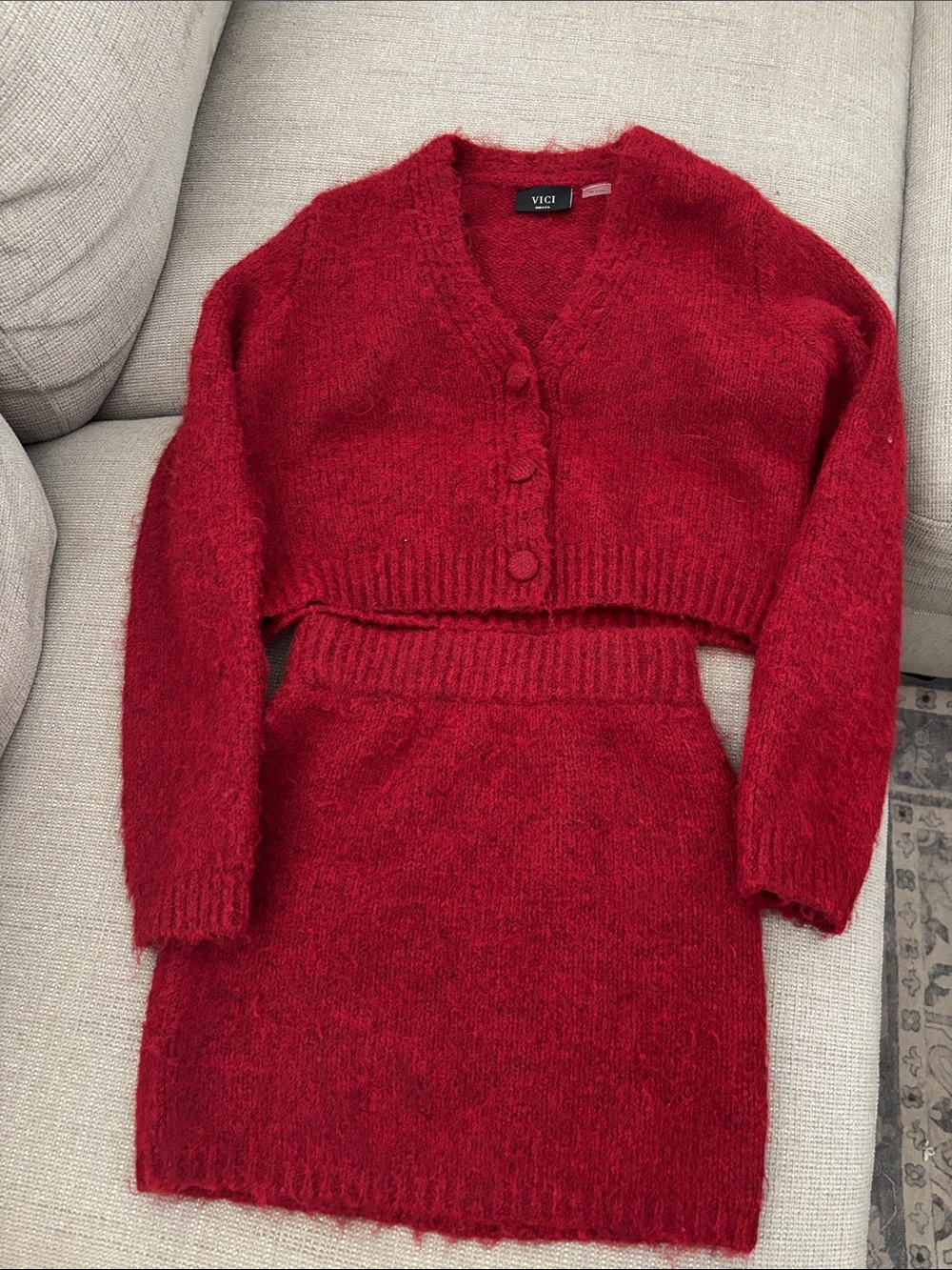 VICI Red Fuzzy V-Neck Cropped Cardigan and Skirt Set